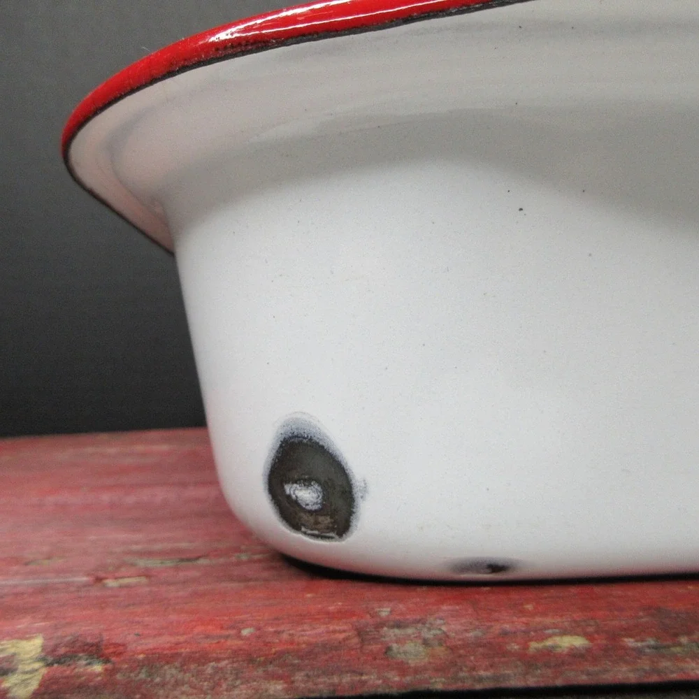 Vintage White Enamelware Rectangular Pan Red Rim Primitive Farmhouse Decor
